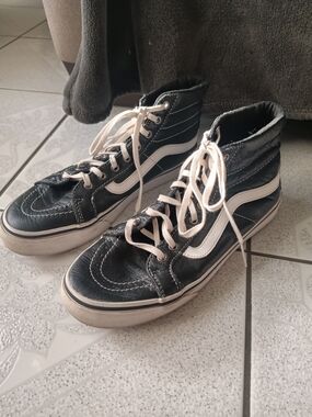 Vans Sk8-Hi Black Leather High Top Sneakers with White Stripe